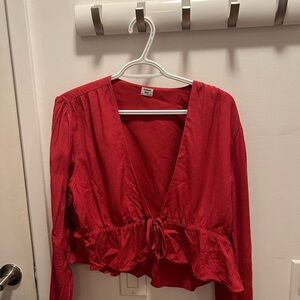Sunday Best Red Wrap Blouse with Ruffled Long Sleeves
